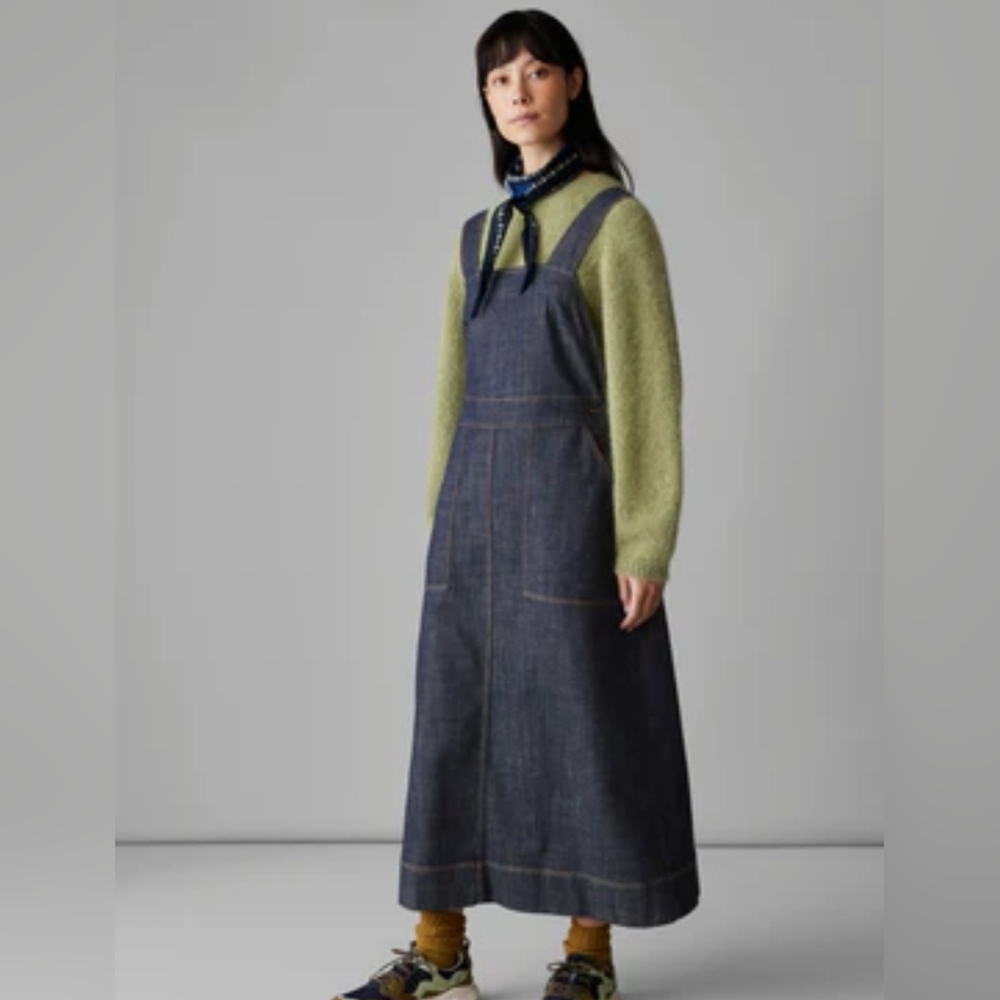 TOAST Side Button White Denim Pinafore Apron Dress size 12